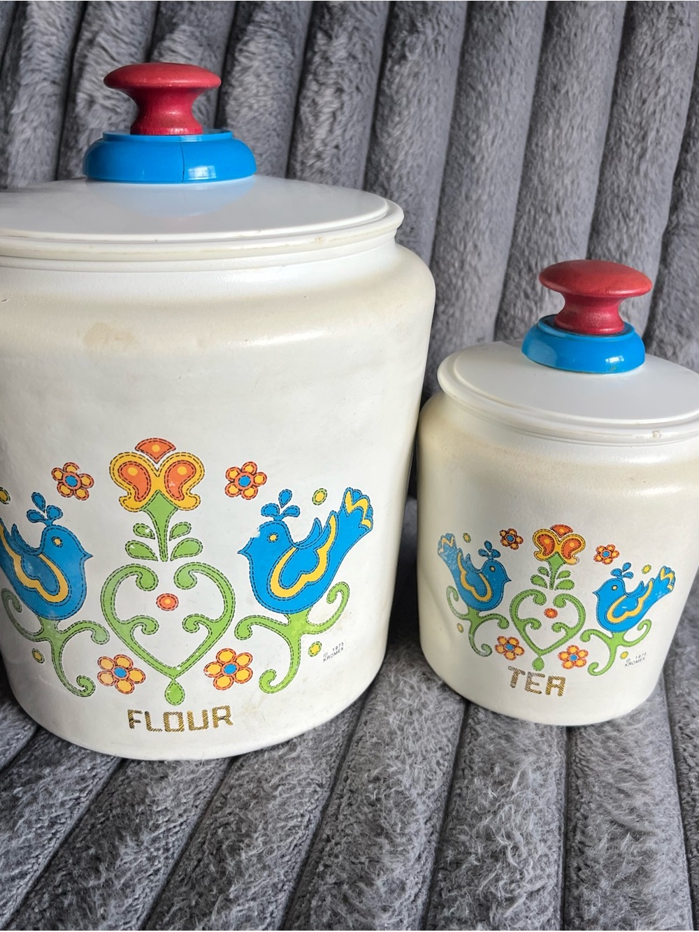 Vintage Kromex Floral Blue Bird Flour & Tea Canisters (Set of 2)